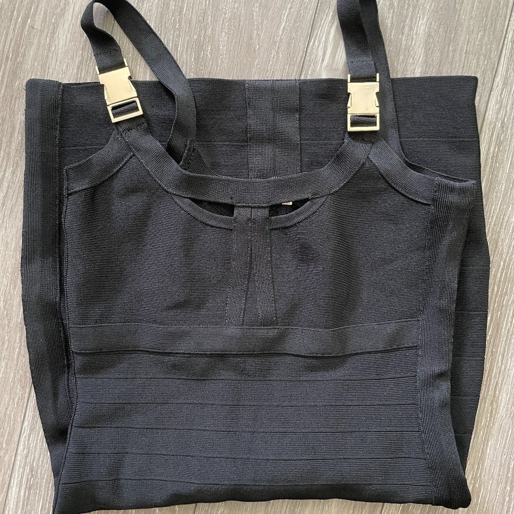 Marciano Black Bodycon Bandage Mini Dress with Gold Buckle Hardware NWOT